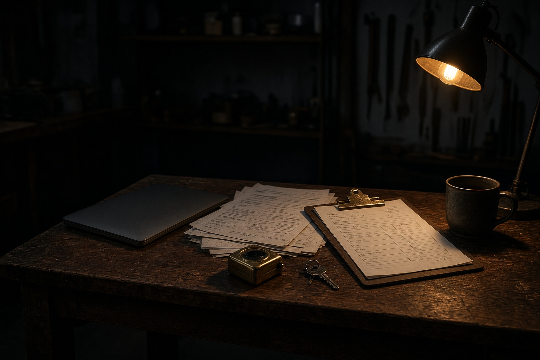 A contractor's workbench at night — invoices, keys, and an unfinished estimate.