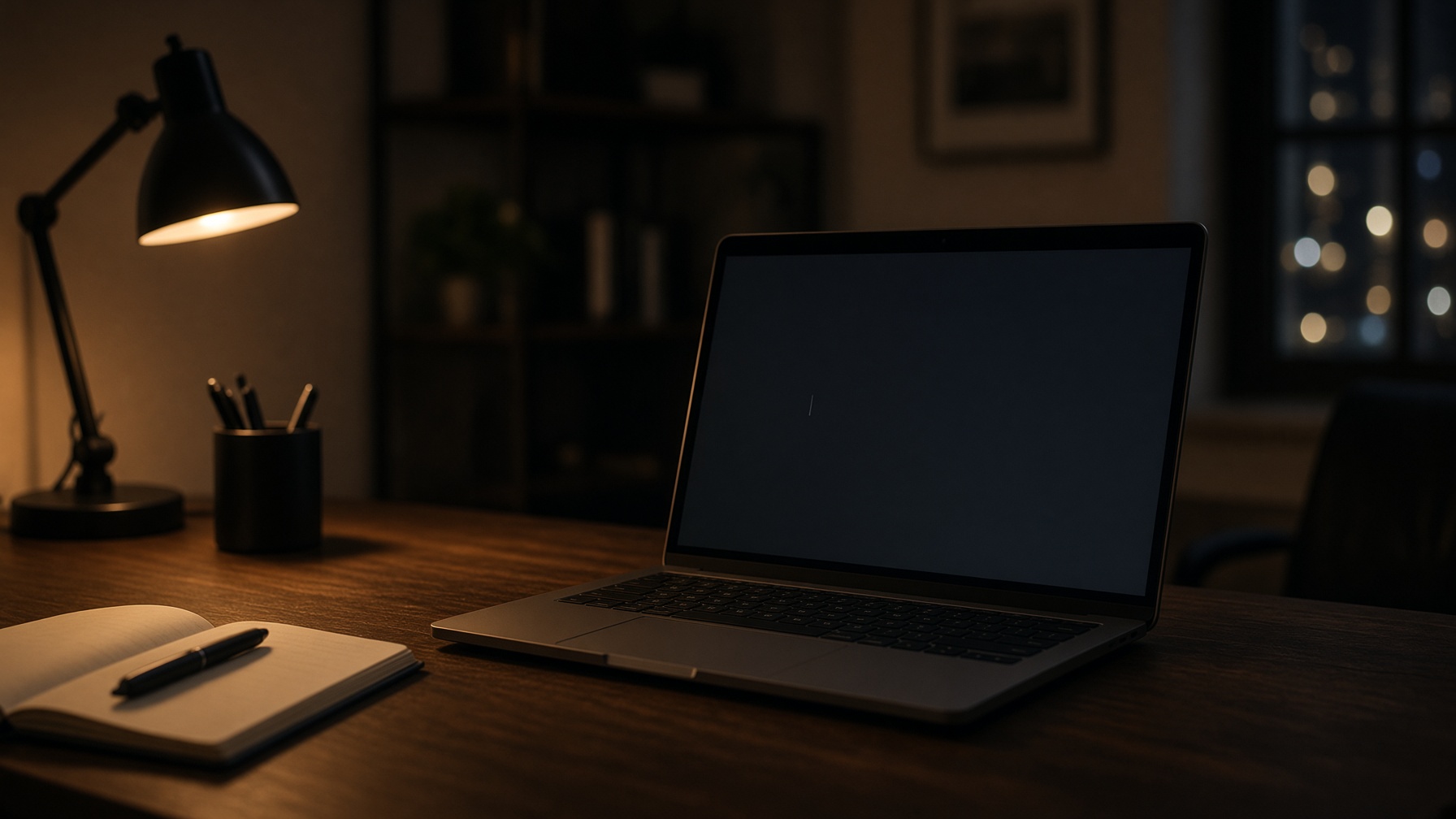 A dark desk and an open laptop on a nearly blank screen.